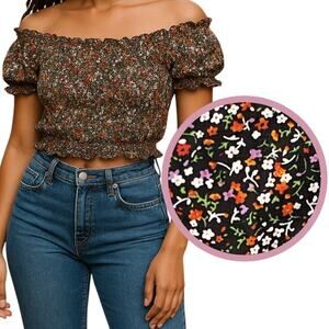 Ditsy Floral Poplin Scrunch Top Womens Sm Whimsigoth Fairy Dark Coquette Cottage